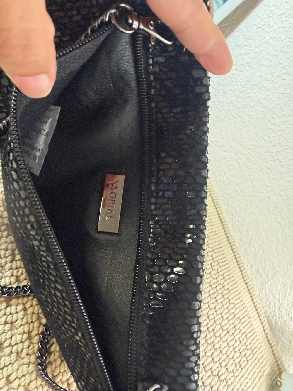 Sorial Black Textured Leather Envelope Clutch Crossbody Bag Removable Chain